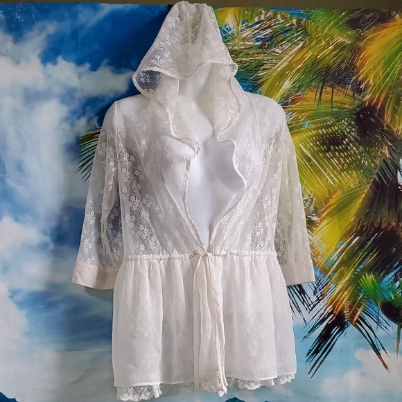 Korirl trim lace hooded Cover up Kimono women's size L - Picture 1 of 5